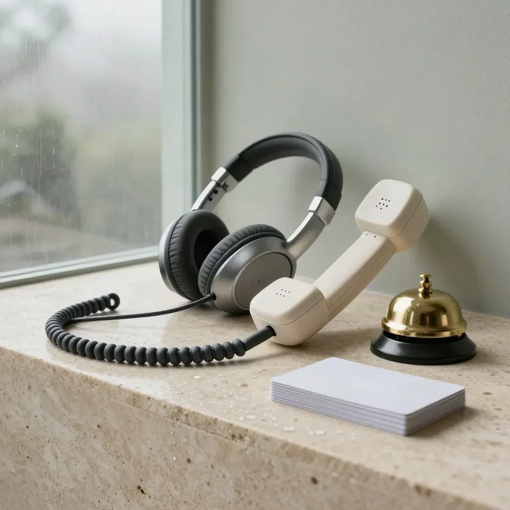 Graphite headset, handset, bell and cable on rain-dotted limestone in soft overcast light.