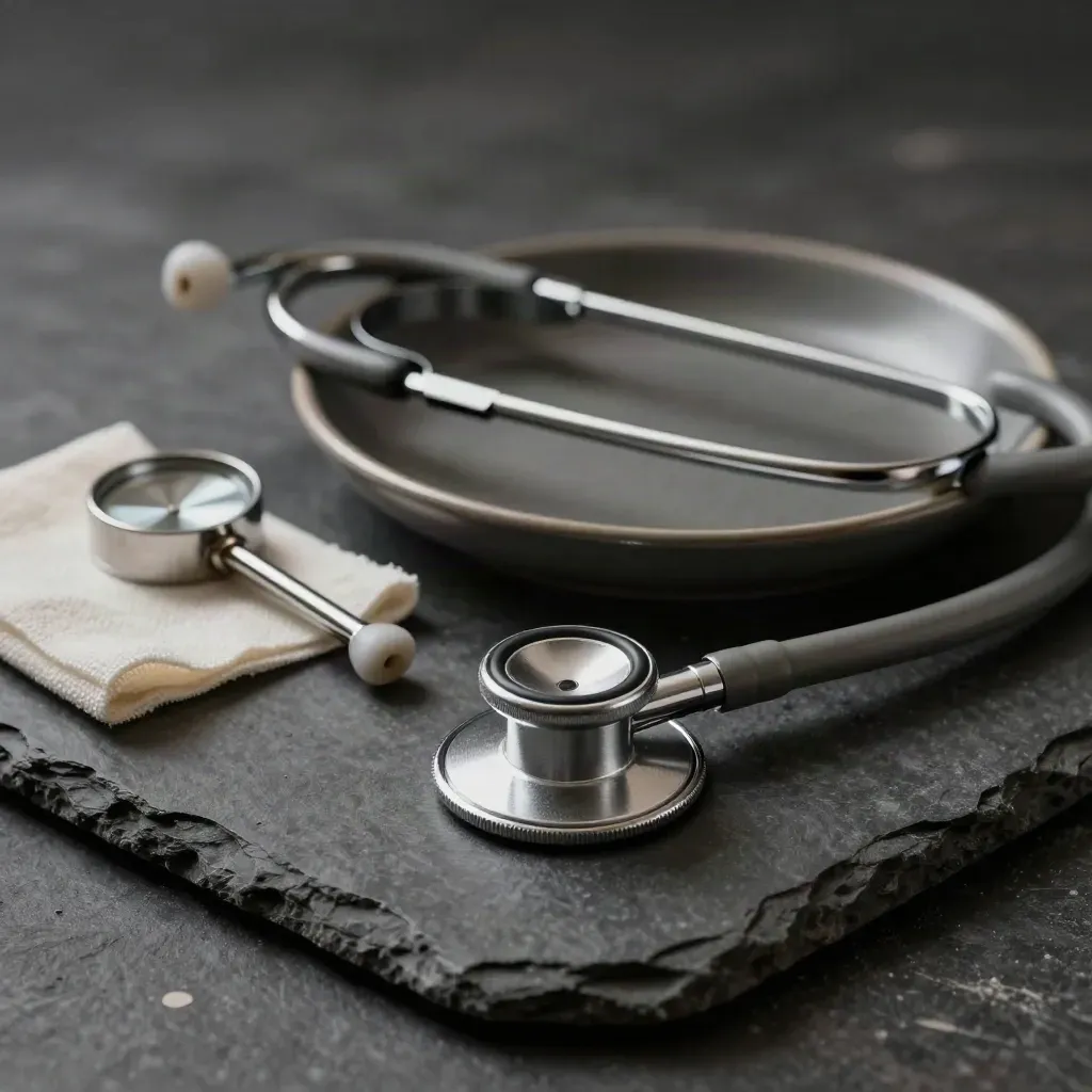 Stethoscope, penlight and kidney dish on charcoal stone in dramatic studio light.