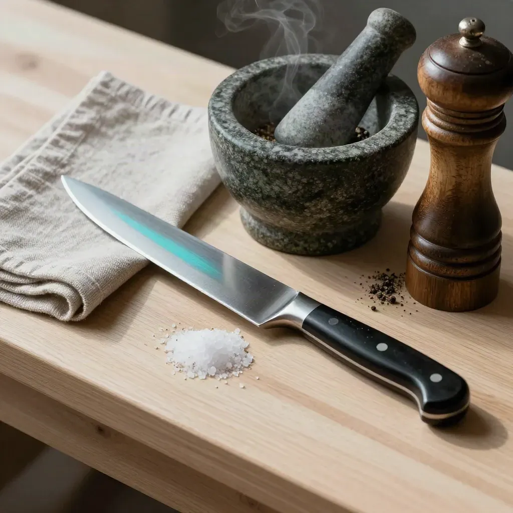 Chef’s knife, napkin, mortar, pestle, and pepper mill on pale wood with salt and steam.