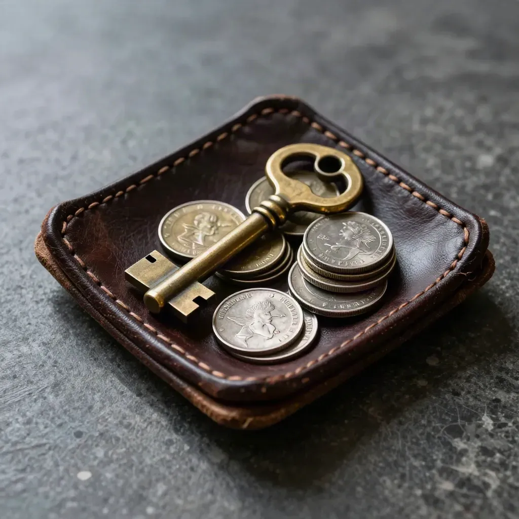 Brass vault key, stacked coins and leather tray on smoked stone