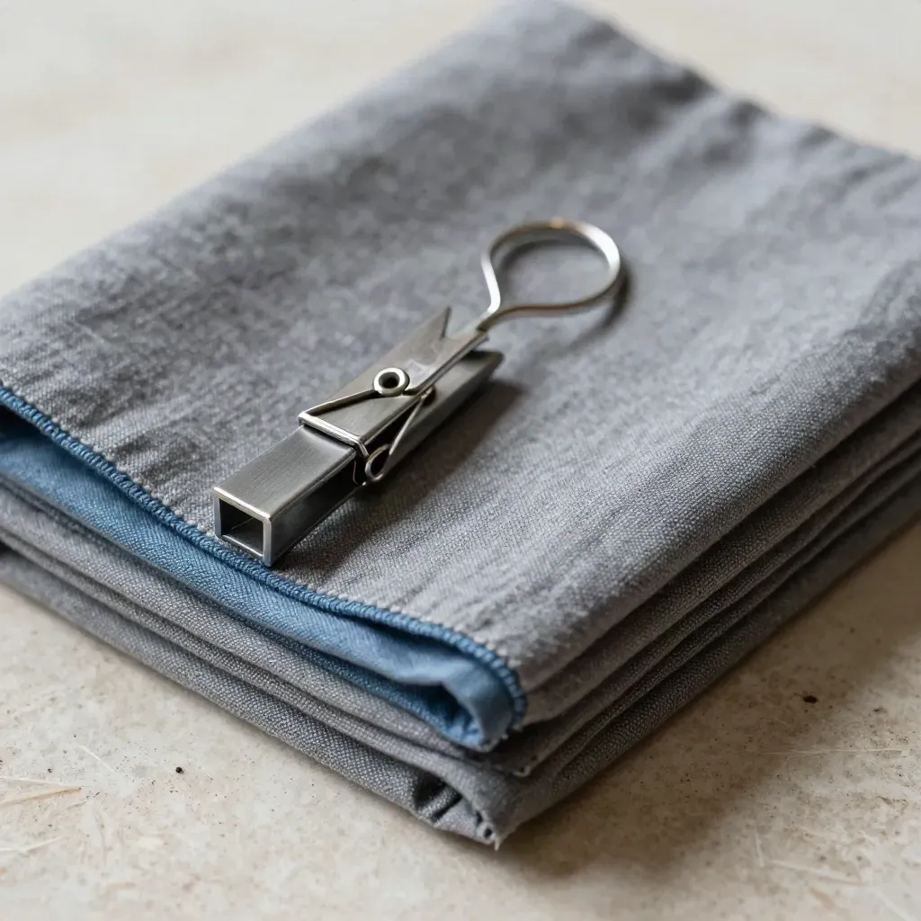 Top-down macro of fabric swatches, a garment clip, and a metal hanger hook on pale stone.