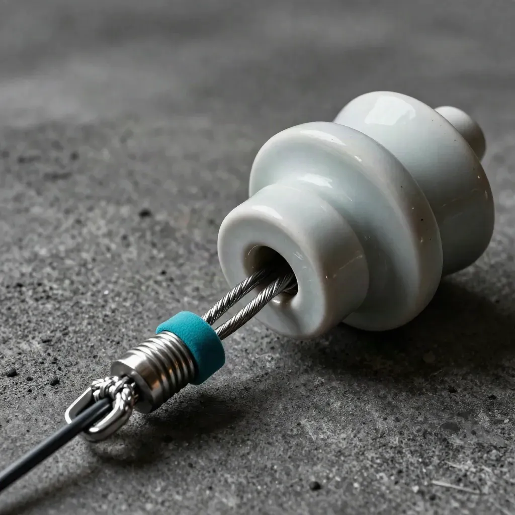 Ceramic insulator, braided cable lug, and wire coil on dark concrete with a cyan accent.