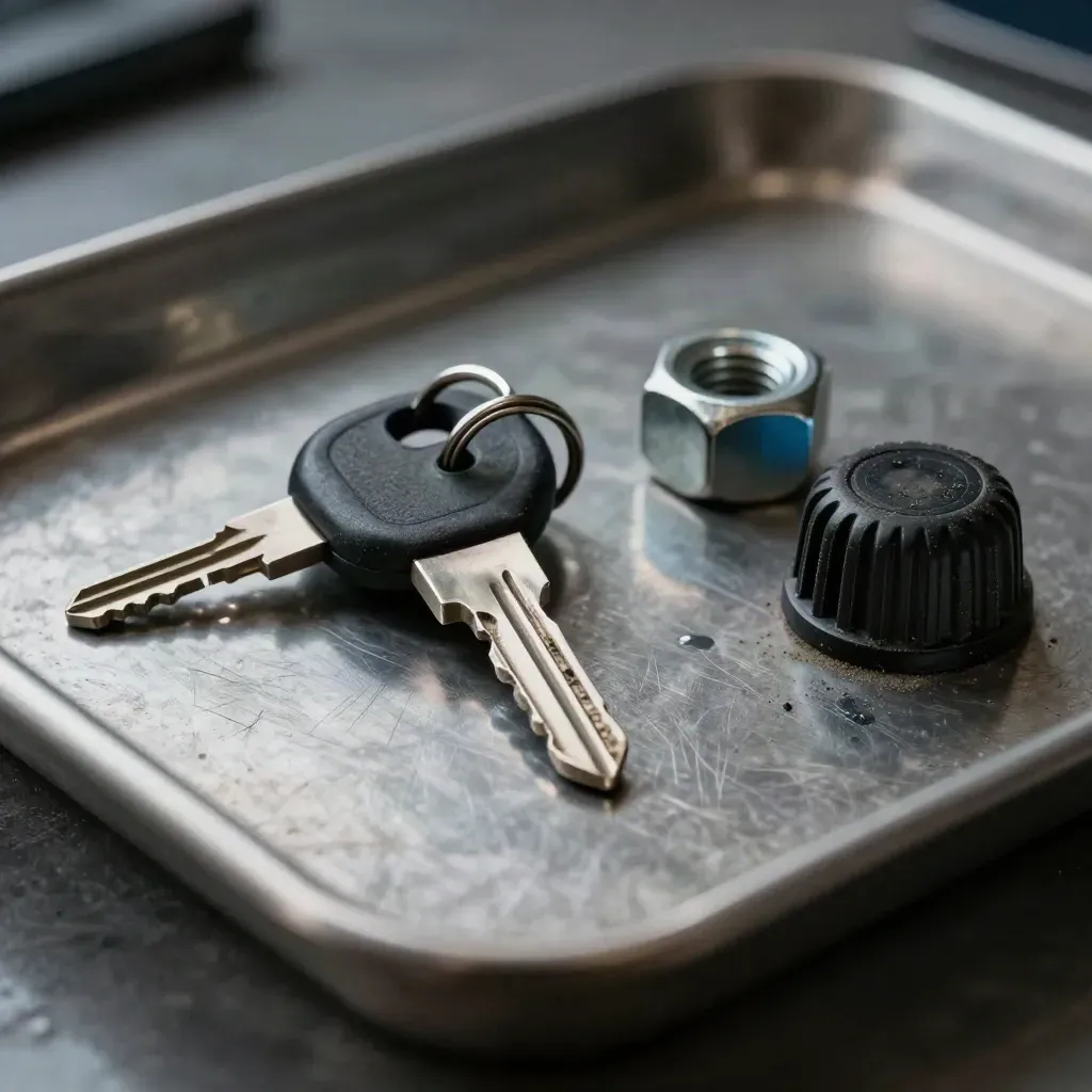 Automotive key, wheel nut and valve cap on brushed metal in dramatic studio light.