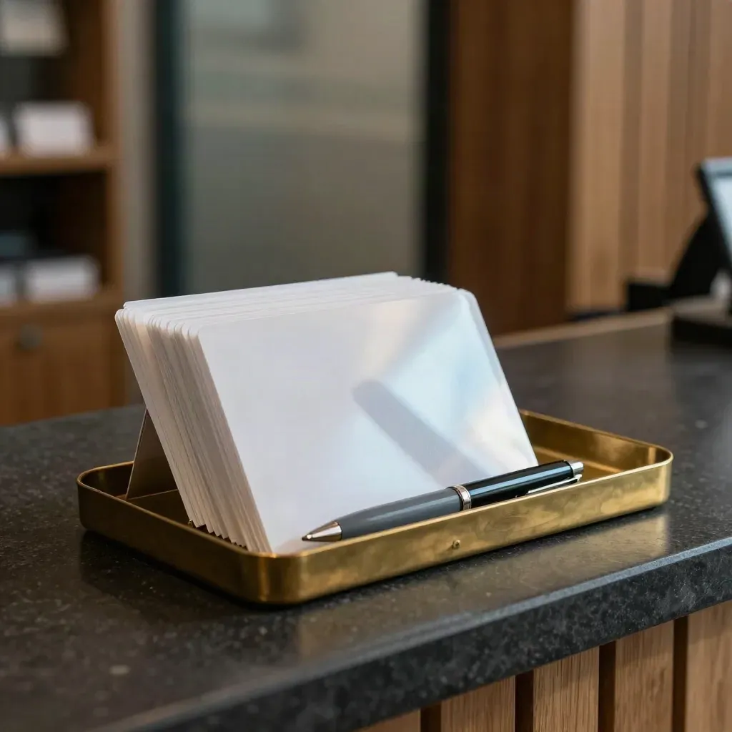 Brass tray with frosted cards and a pen on stone, lit dramatically with an ocean-blue accent.