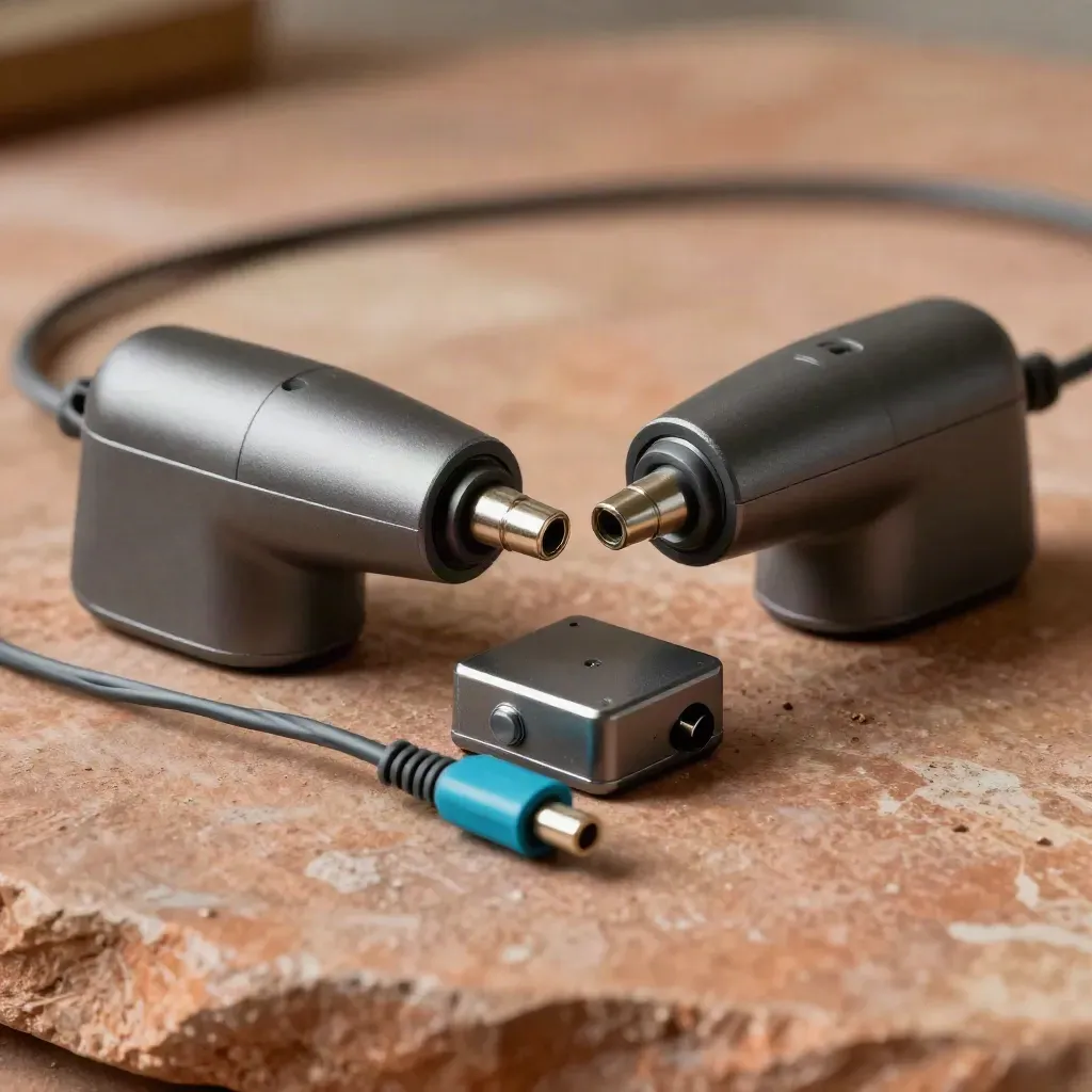 Two desk handsets and a splitter block on stone, lit by soft daylight.