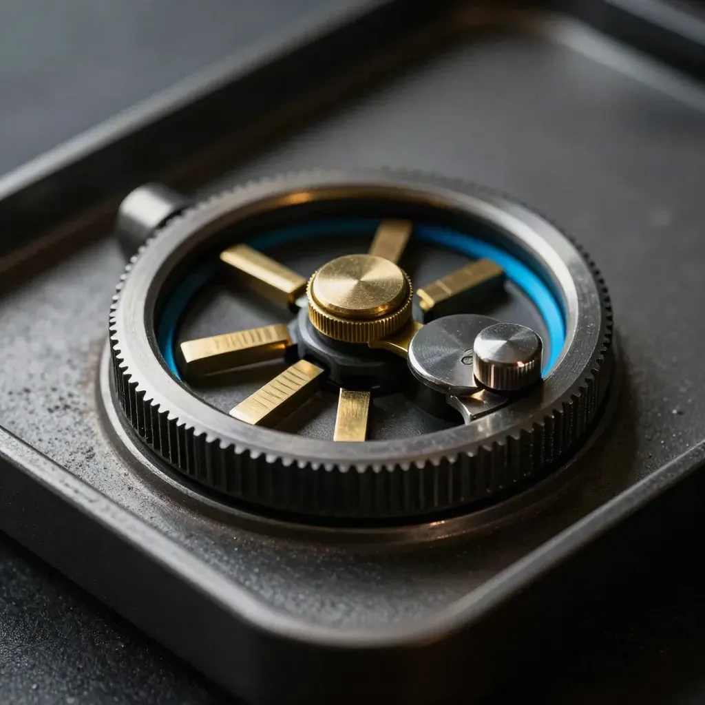 Brass tally wheel, five counters and a steel weight on a graphite tray, lit dramatically from above.