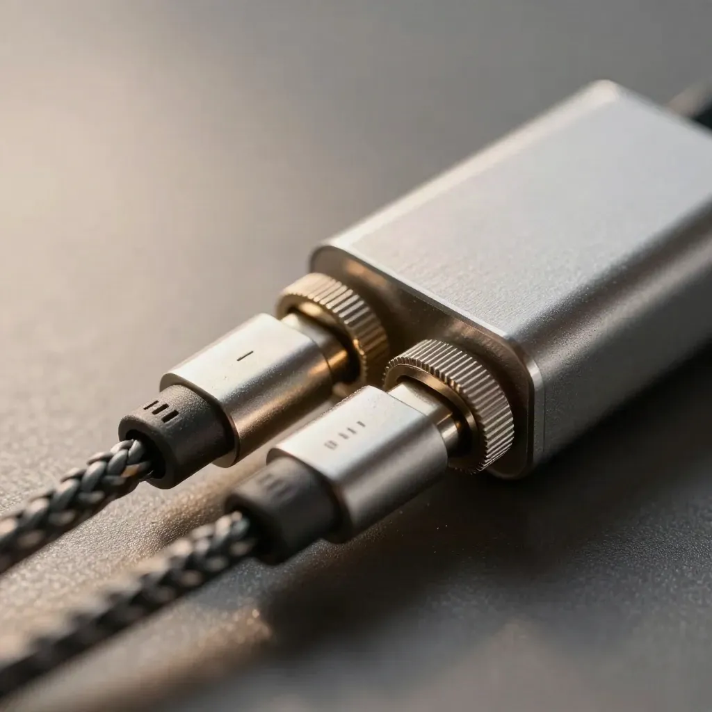 Macro of braided leads clicking into a connector block on brushed aluminum.