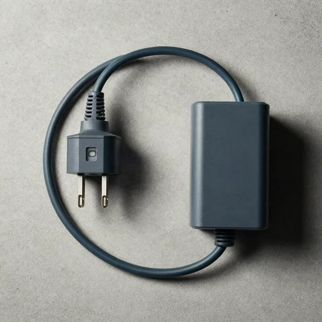 Top-down UK plug adapter, fused lead and compact power brick on pale concrete.