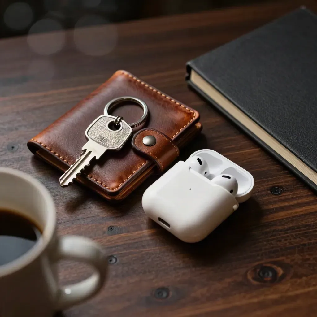 Wallet, keyring, half-open earbud case and notebook on walnut, viewed through a blurred coffee mug.
