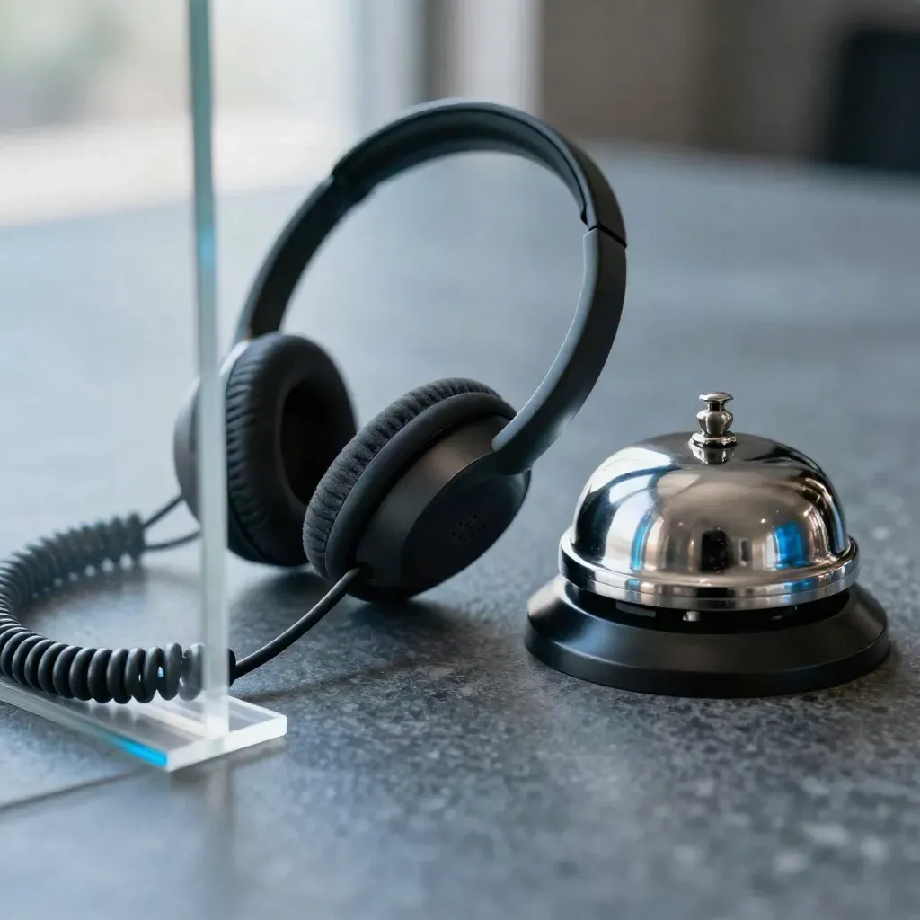 Macro still life of a headset, phone handset and call bell on stone behind acrylic divider.