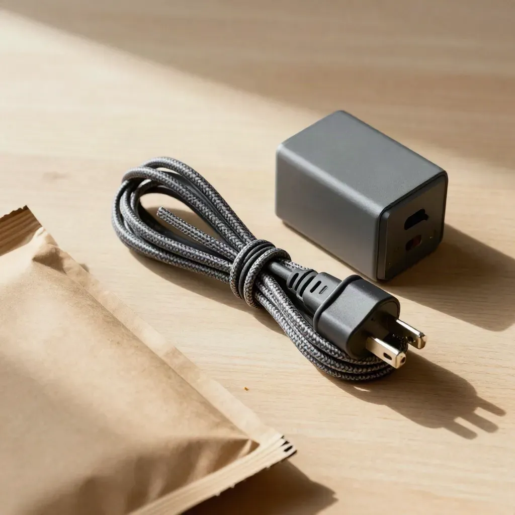 Overhead still life of a UK plug, charger bundle and parcel mailer on pale wood