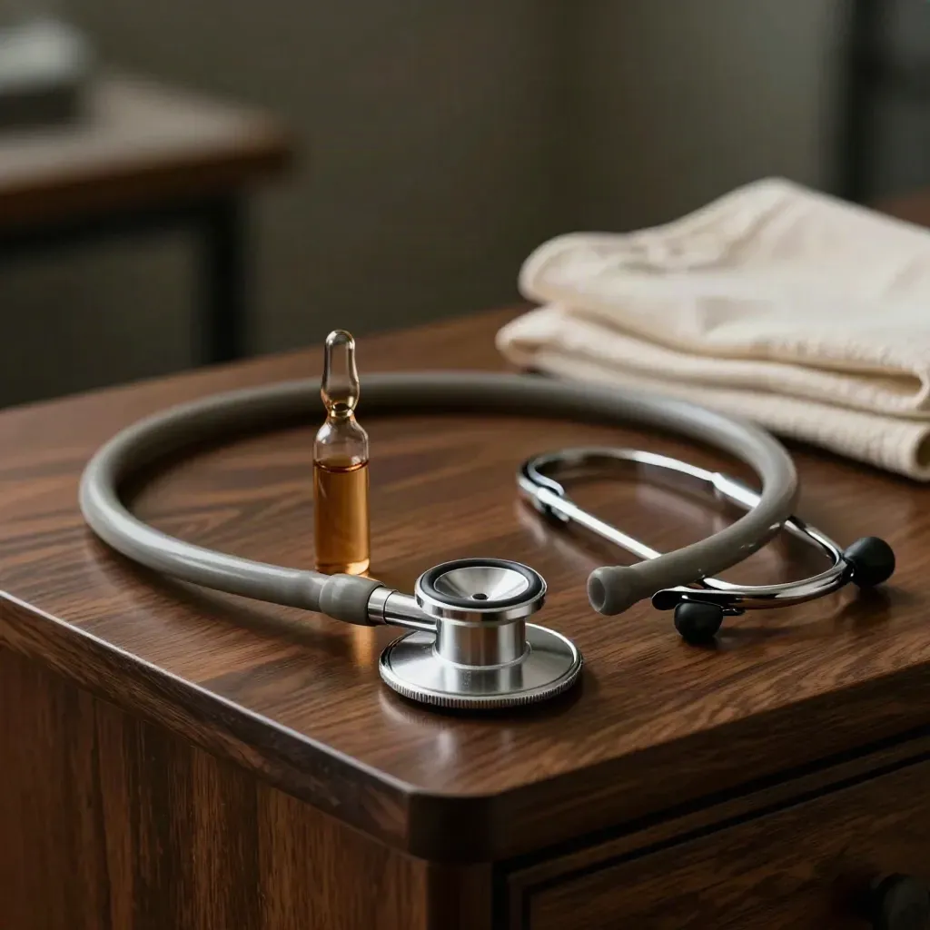 Stethoscope, sealed vial and folded linen on a dark oak sideboard in dramatic low light.