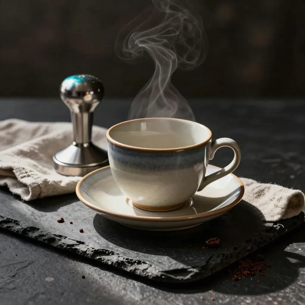 Espresso tamper, ceramic cup, saucer and linen on black stone with steam and soft daylight.