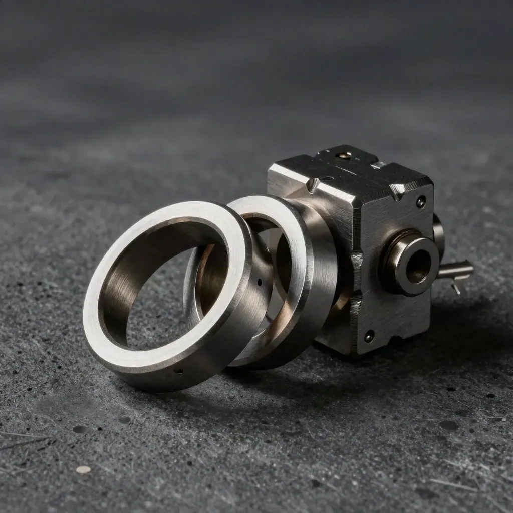 Steel rings and connector block on charcoal concrete, lit in a dramatic low-key studio still life.
