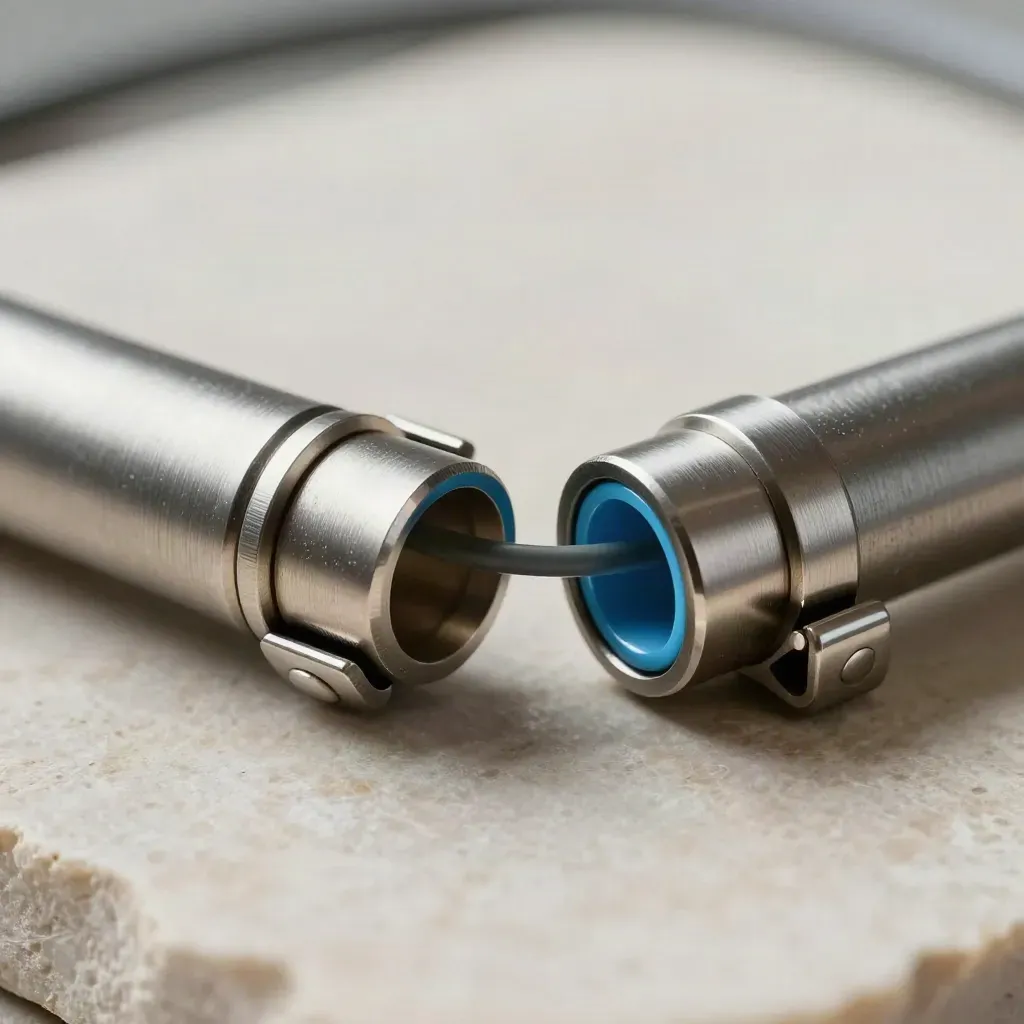 Top-down macro of linked metal couplers, cable bridge and clasp on pale stone with a blue accent.
