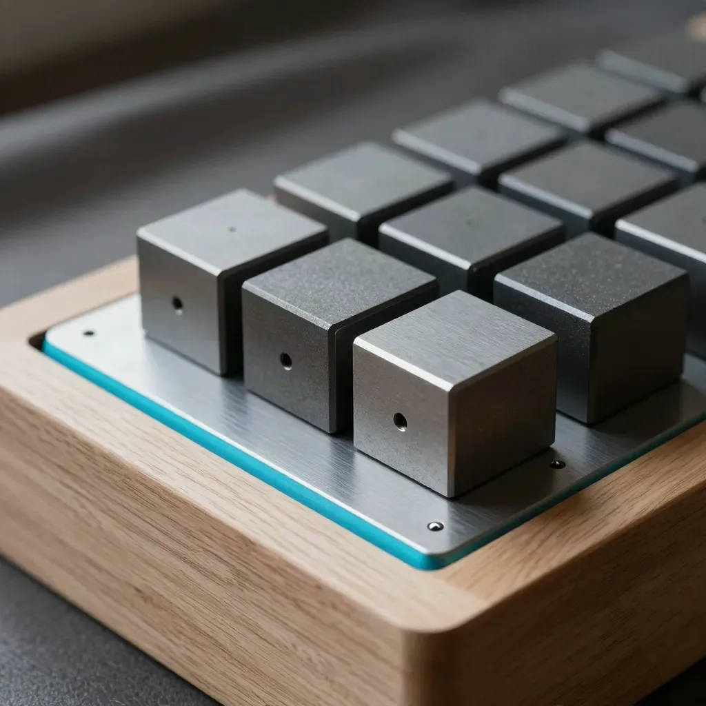 Overhead graphite connector blocks, magnetic plate and pin on pale wood with cyan accent.