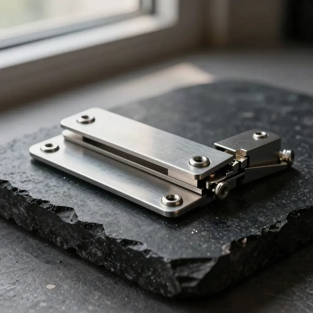 Steel brackets and hinge hardware aligned on black basalt in soft daylight.