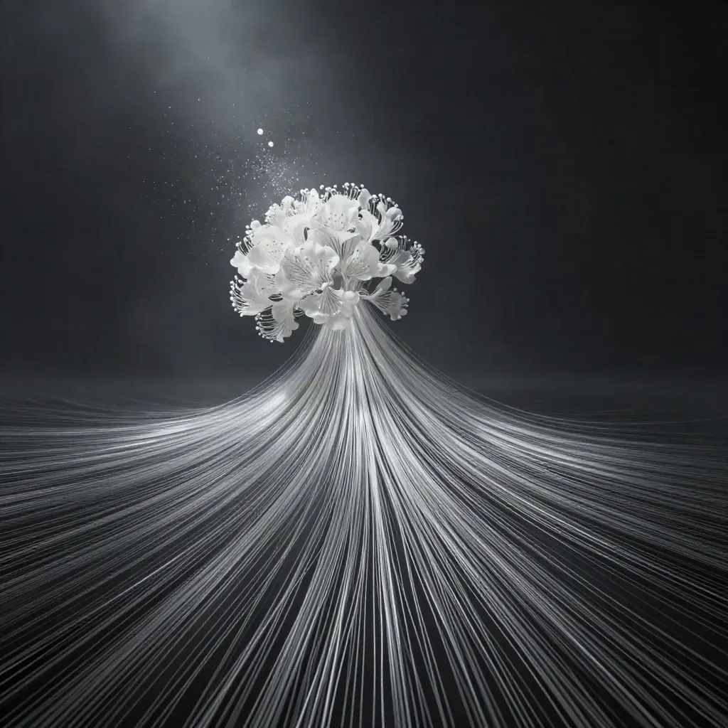 Abstract silver filaments bloom in graphite haze with open space below.